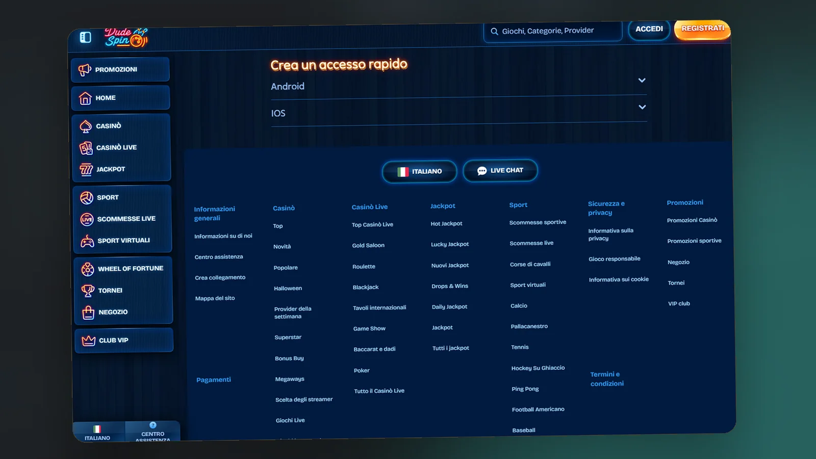 La schermata Crea un accesso rapido sul sito di Dudespin, con le sezioni Android e iOS e il piè di pagina con i link utili