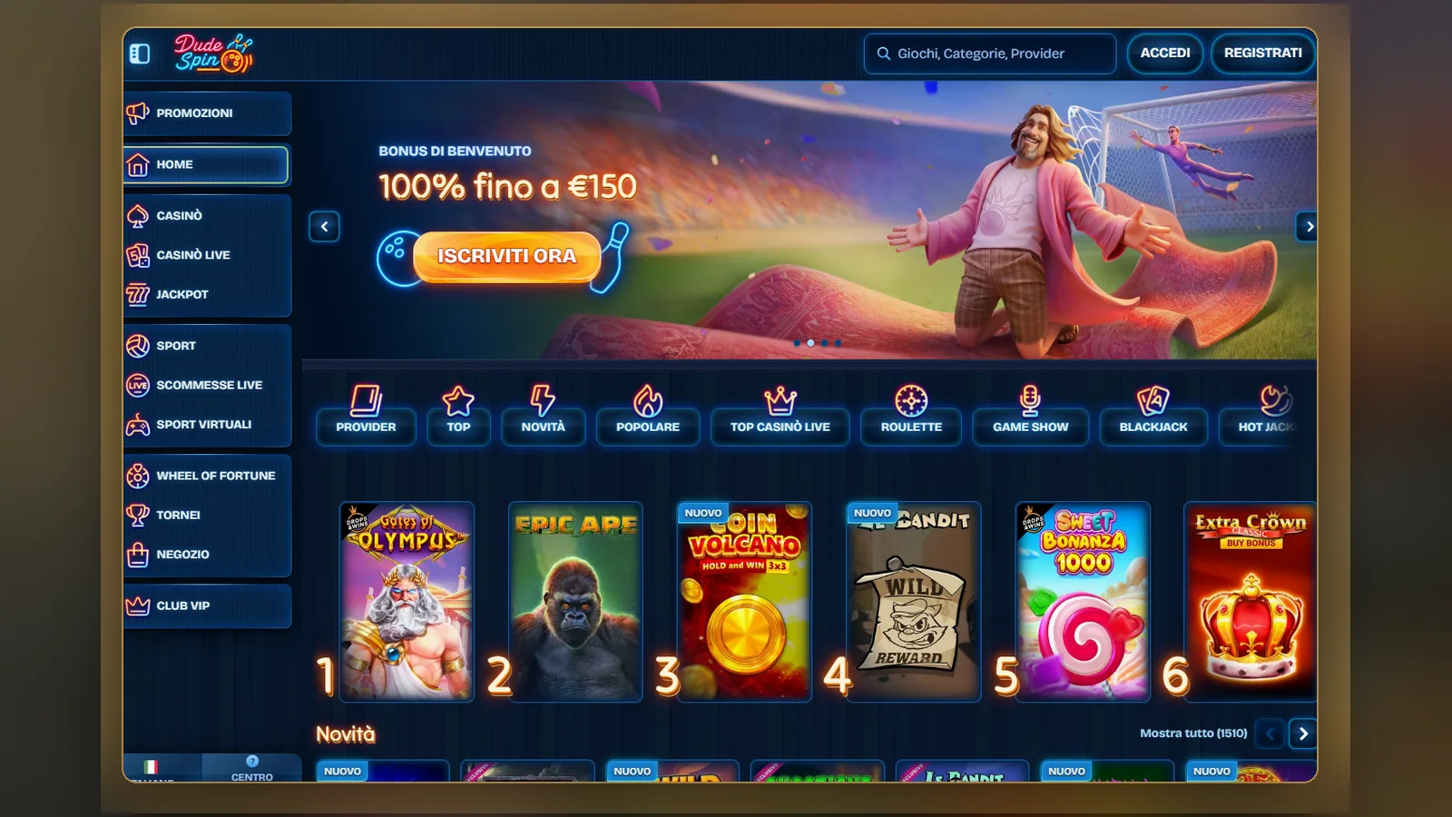 La home di Dudespin con il banner del bonus sport al 100% fino a €150, le categorie sotto lo slider e la fila dei giochi popolari